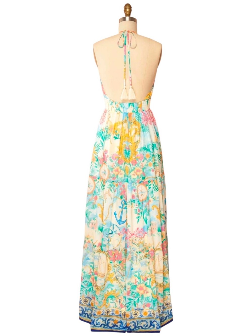 NWOT Flying Tomato Coastal Nautical Tiered Halter Maxi Dress Open Back Sz Small - Picture 3 of 6